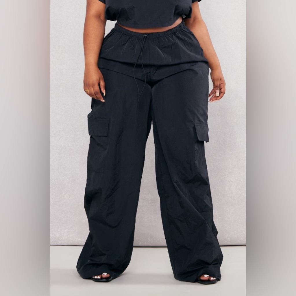 Plus Black Nylon Wide Leg Cargo Pants
